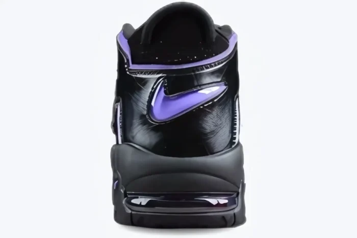 Rear view of Nike Air More Uptempo 96 Action Grape sneakers in black with purple heel swoosh. - SKU DV1879-001