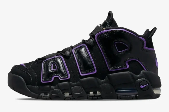 Nike Air More Uptempo '96 Action Grape sneaker in a side profile view, black with purple accents. - SKU DV1879-001