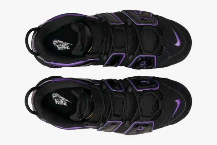 Top-down view of black Nike Air More Uptempo '96 Action Grape shoes with purple accents. - SKU DV1879-001