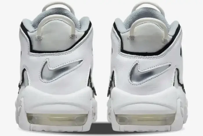 Rear view of Nike Air More Uptempo '96 Photon Dust sneakers in white with silver swoosh logos. - SKU FB3021-001