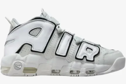 Side profile of Nike Air More Uptempo '96 Photon Dust sneakers in light grey with large white AIR lettering. - SKU FB3021-001