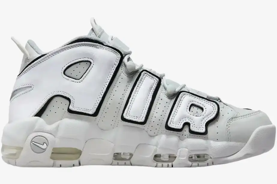 nike-air-more-uptempo-96-photon-dust-side-fb3021-001 Side profile of Nike Air More Uptempo '96 Photon Dust sneakers in light grey with large white AIR lettering. - SKU FB3021-001