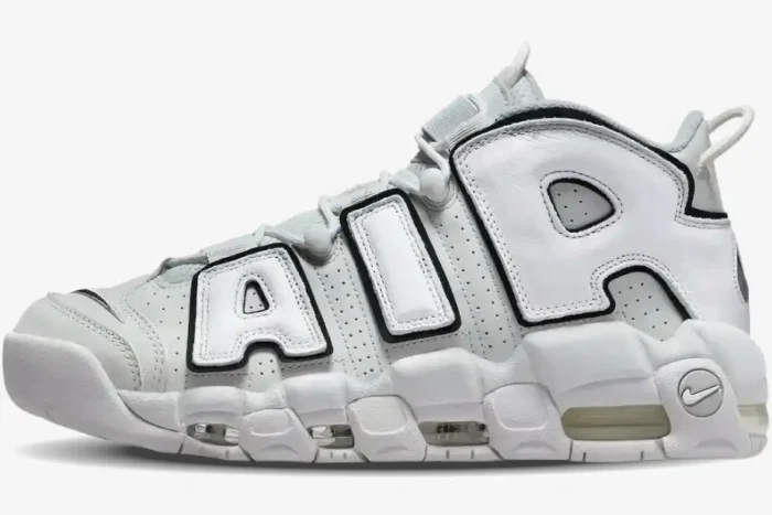 Side profile of Nike Air More Uptempo '96 Photon Dust sneakers in light grey with bold white AIR lettering. - SKU FB3021-001
