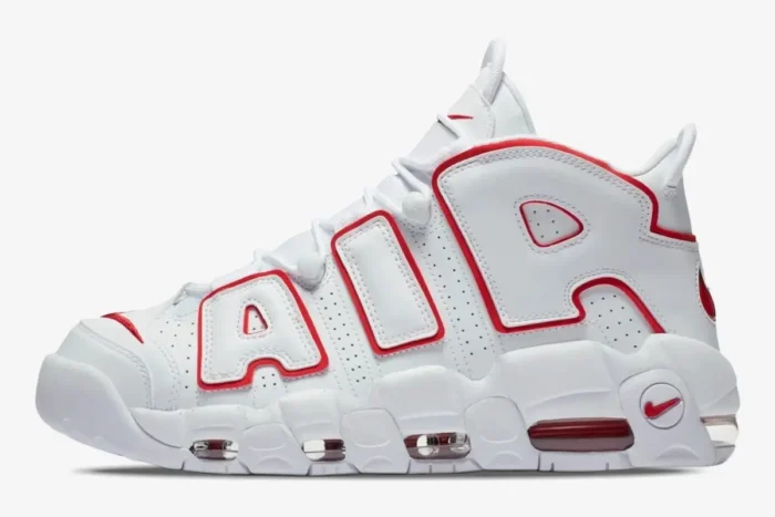Nike Air More Uptempo '96 sneaker in white with varsity red outlines, side profile view. - SKU 921948-102