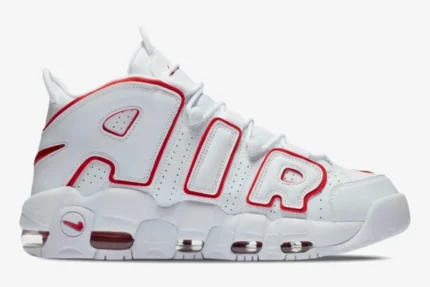 Nike Air More Uptempo '96 in white with varsity red outlines, side profile view. - SKU 921948-102