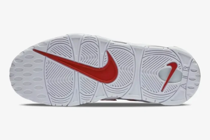 Bottom view of Nike Air More Uptempo '96 White Varsity Red Outline showing white outsole and red Swoosh. - SKU 921948-102