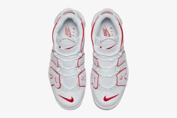 Top-down view of Nike Air More Uptempo '96 sneakers in white with varsity red outlines. - SKU 921948-102