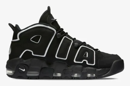 Nike Air More Uptempo Black White OG basketball shoe in a side profile view with large white-outlined AIR branding. - SKU 414962-002
