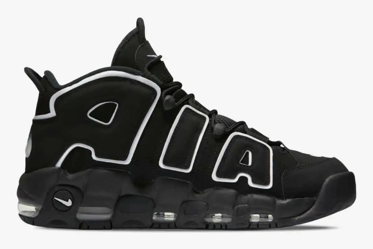 nike-air-more-uptempo-black-white-og-side-view-414962-002 Nike Air More Uptempo Black White OG basketball shoe in a side profile view with large white-outlined AIR branding. - SKU 414962-002