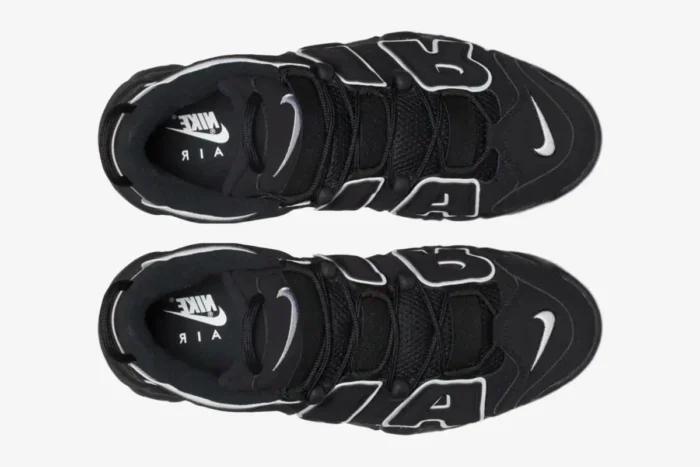 Top-down view of Nike Air More Uptempo Black White OG sneakers with bold white AIR lettering. - SKU 414962-002