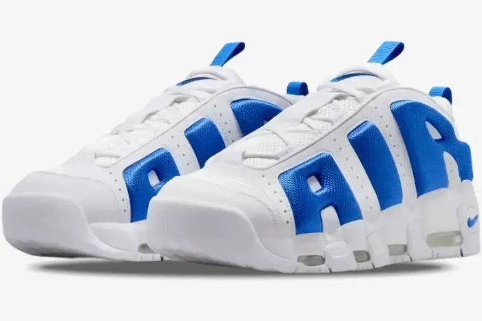 Nike Air More Uptempo Hyper Royal sneakers in white and blue, front-side perspective. - SKU FZ3055101