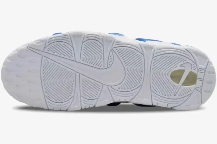 Outsole view of Nike Air More Uptempo Hyper Royal sneakers in white and blue. - SKU FZ3055101