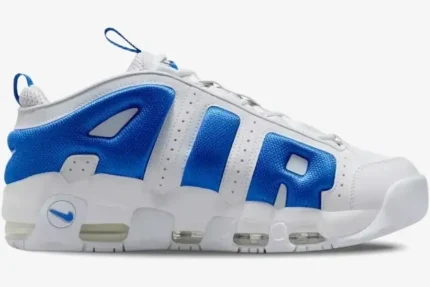 Side view of Nike Air More Uptempo sneakers in white and hyper royal blue with large AIR lettering. - SKU FZ3055101