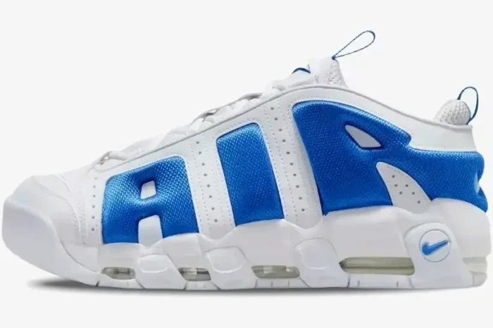 Side profile of Nike Air More Uptempo 'Hyper Royal' sneaker in white and blue with bold AIR branding. - SKU FZ3055101