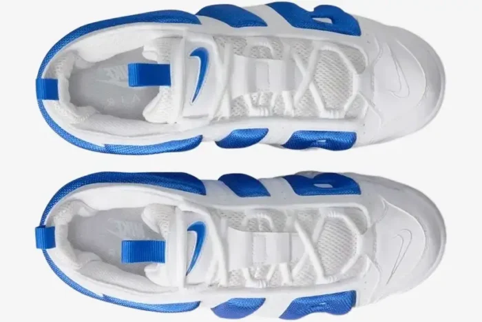 Top-down view of Nike Air More Uptempo Hyper Royal sneakers in white and blue. - SKU FZ3055101