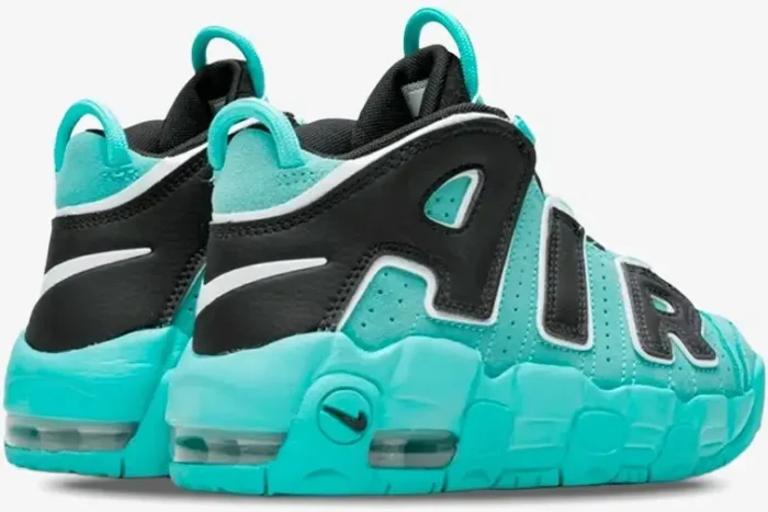 Rear view of Nike Air More Uptempo Light Aqua sneakers featuring black 'AIR' lettering and teal soles. - SKU AA1554-403