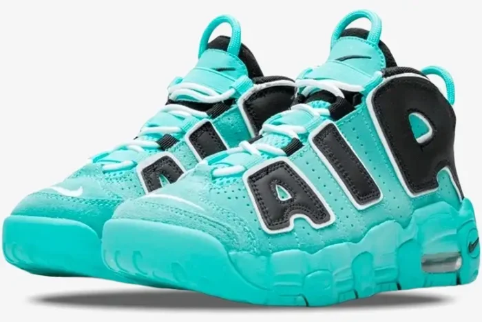 Nike Air More Uptempo sneakers in Light Aqua and black, three-quarter side view on a white background. - SKU AA1554-403