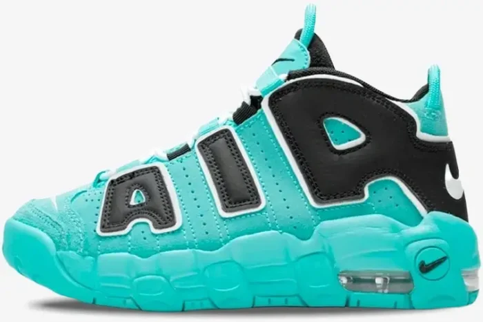 Nike Air More Uptempo Light Aqua sneaker in a side profile view featuring bold black AIR branding. - SKU AA1554-403