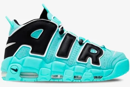 Nike Air More Uptempo sneakers in light aqua and black, shown from a side profile view. - SKU AA1554-403