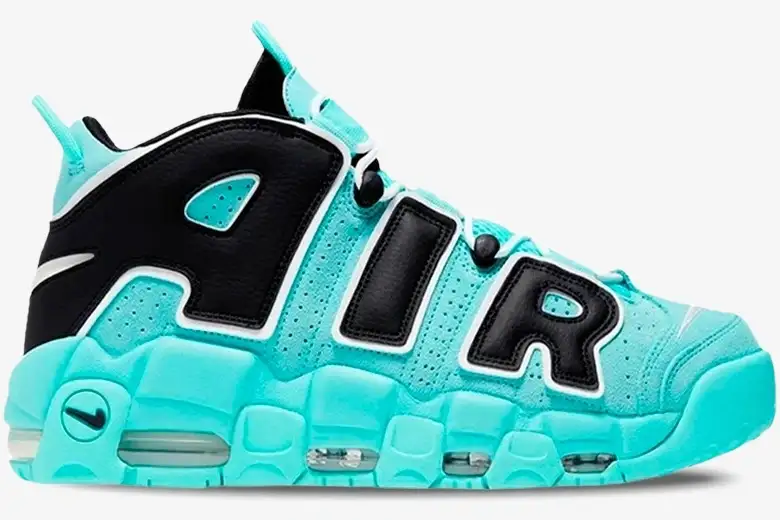 nike-air-more-uptempo-light-aqua-side-view-aa1554-403-img2342 Nike Air More Uptempo sneakers in light aqua and black, shown from a side profile view. - SKU AA1554-403