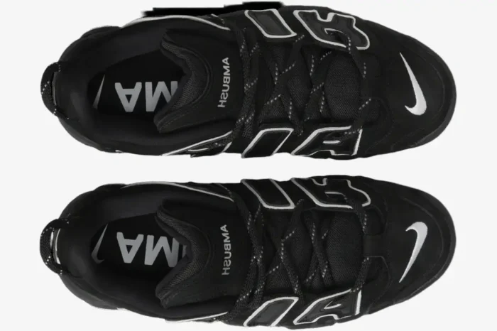 Top-down view of black and white Nike Air More Uptempo Low x AMBUSH sneakers. - SKU FB1299-001