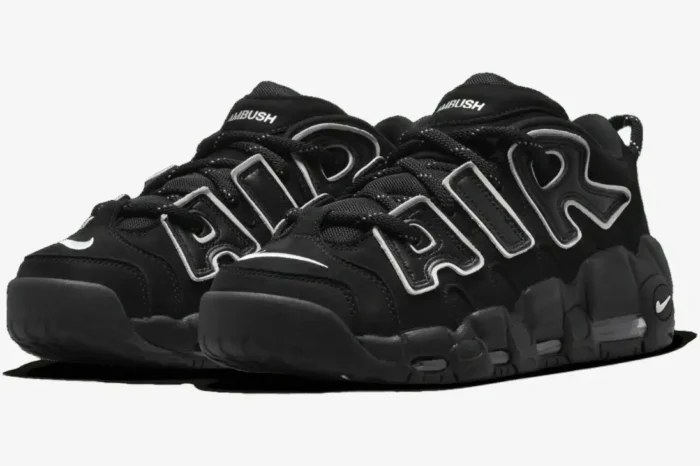 Nike Air More Uptempo Low x AMBUSH black and white sneakers, three-quarter front view. - SKU FB1299-001