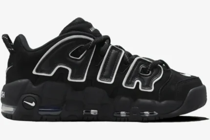 Nike Air More Uptempo Low x AMBUSH Black White sneaker, side profile view with large AIR lettering. - SKU FB1299-001