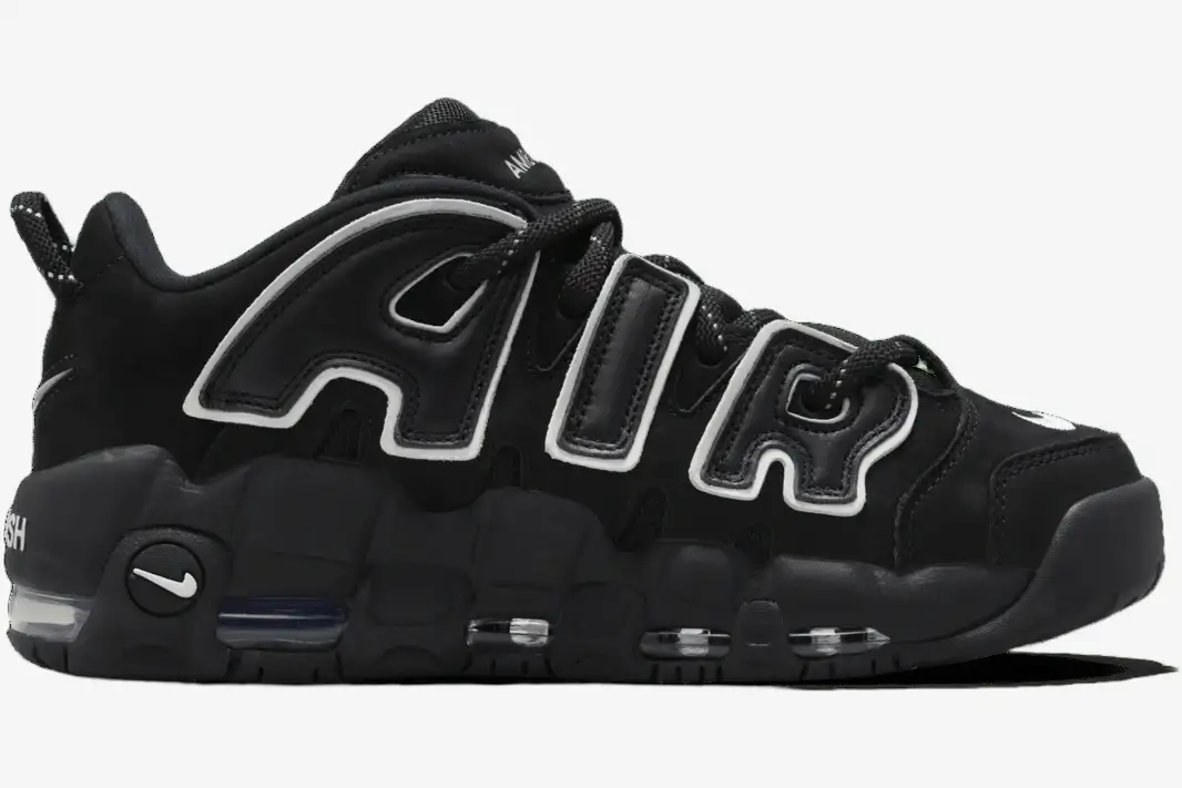 nike-air-more-uptempo-low-ambush-black-white-side-fb1299-001 Nike Air More Uptempo Low x AMBUSH Black White sneaker, side profile view with large AIR lettering. - SKU FB1299-001