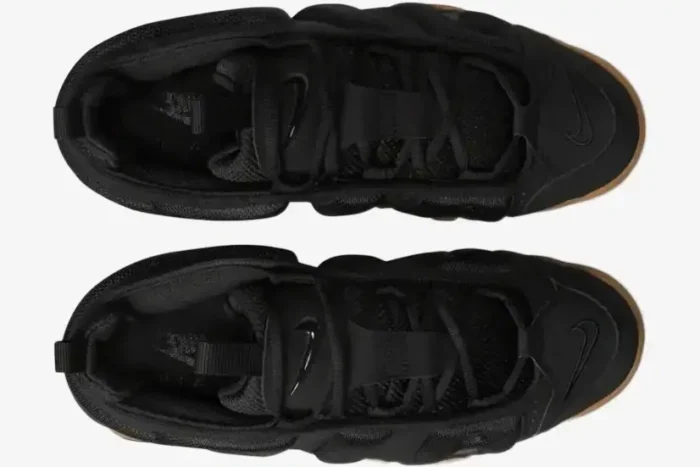 Top-down view of Nike Air More Uptempo Low sneakers in black with a gum rubber outsole. - SKU FZ3055003