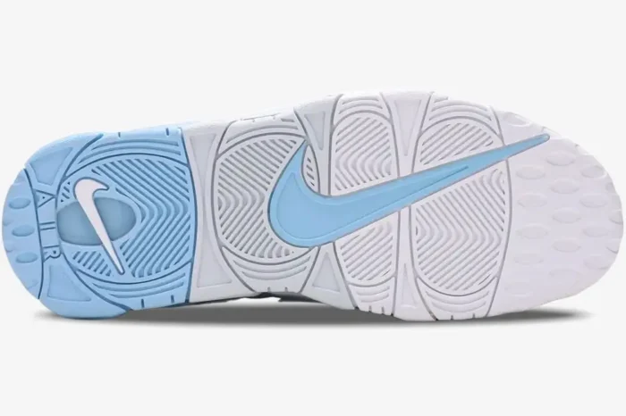 Outsole view of Nike Air More Uptempo Psychic Blue Sky sneakers in light blue and white. - SKU DJ5159-400