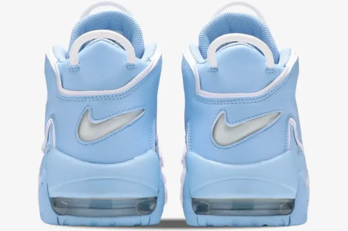 Rear view of Nike Air More Uptempo Psychic Blue Sky sneakers showing the heel swoosh and air unit. - SKU DJ5159-400