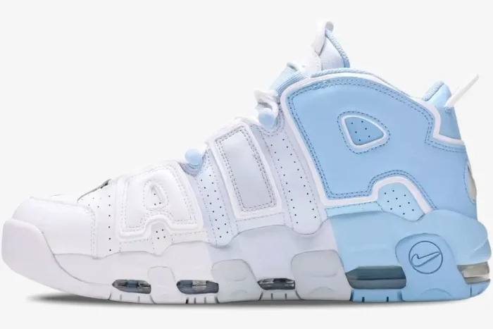 Nike Air More Uptempo Psychic Blue Sky sneakers in a side profile view featuring a white and light blue colorway. - SKU DJ5159-400