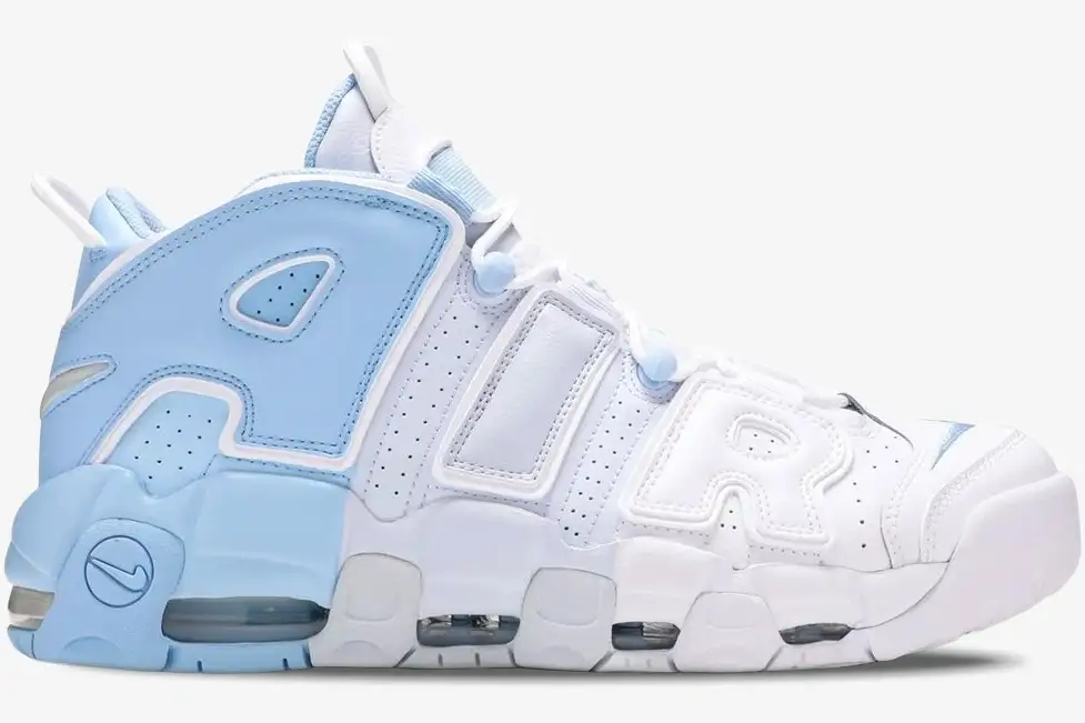 nike-air-more-uptempo-psychic-blue-side-view-dj5159-400-img2313 Nike Air More Uptempo Psychic Blue Sky sneaker in a side profile view featuring a white and light blue split design. - SKU DJ5159-400