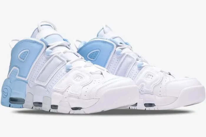 Nike Air More Uptempo Psychic Blue Sky sneakers featuring a white and light blue gradient in a three-quarter view. - SKU DJ5159-400
