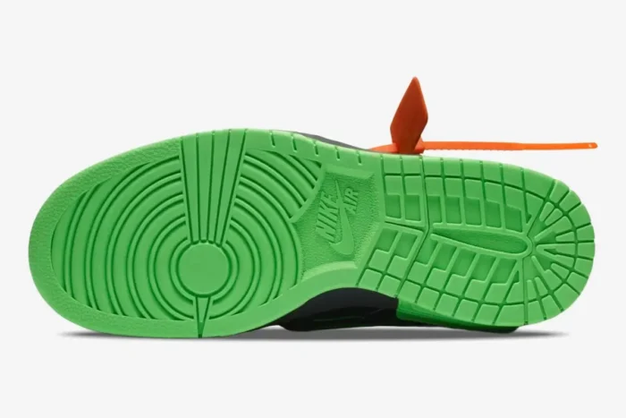 Bottom view of the Nike Air Rubber Dunk x Off-White Green Strike showing the bright green textured outsole. - SKU CU6015-001
