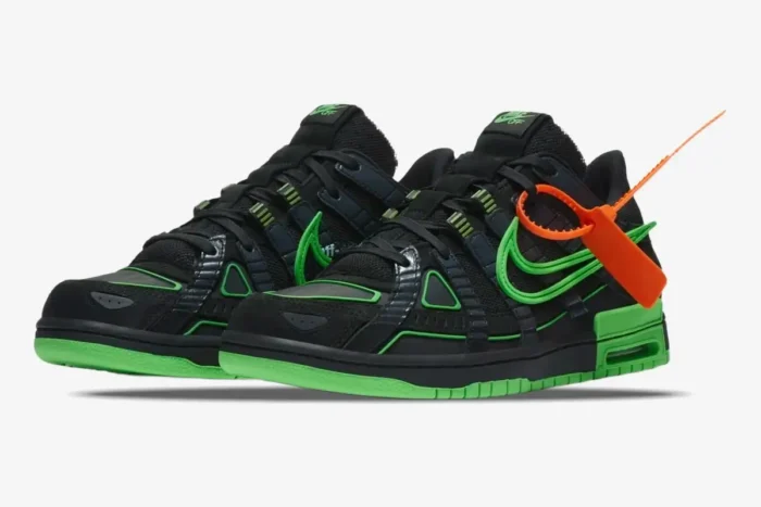 Nike Air Rubber Dunk x Off-White Green Strike sneakers in a three-quarter side view with orange zip tie. - SKU CU6015-001
