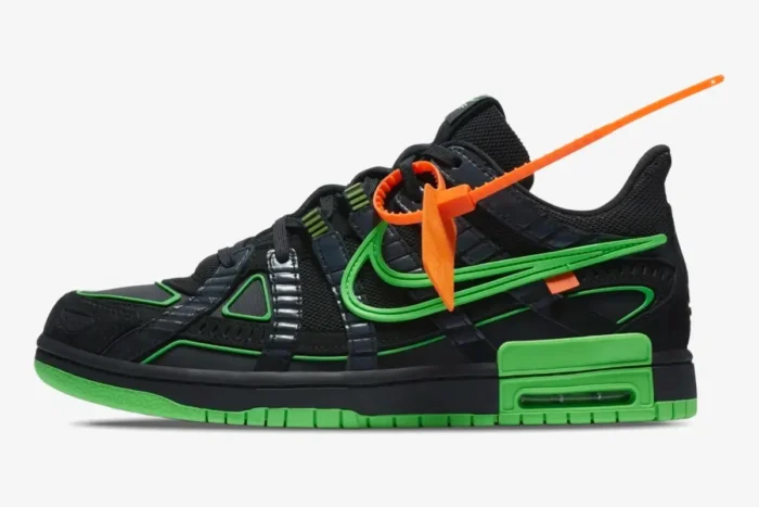 Nike Air Rubber Dunk x Off-White Green Strike sneaker in black and green, side profile view. - SKU CU6015-001