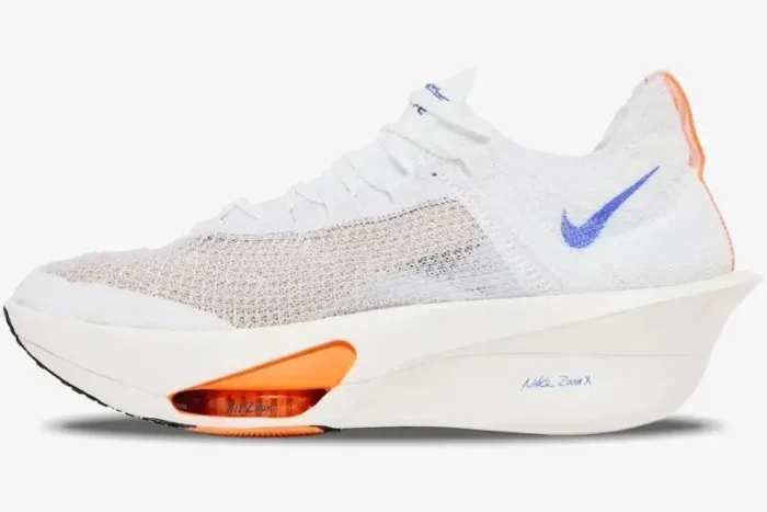 Side profile of Nike Air Zoom Alphafly Next% 3 running shoe in white, blue, and orange. - SKU HF7357-100