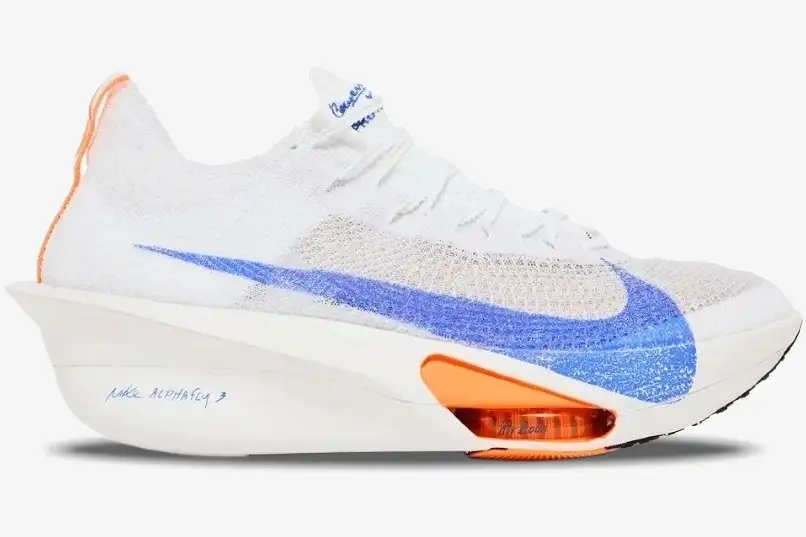 nike-air-zoom-alphafly-3-white-blue-side-view-hf7357-100 Nike Air Zoom Alphafly Next% 3 running shoe in white with a blue swoosh and orange accents, side profile view. - SKU HF7357-100
