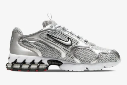 Side profile of Nike Air Zoom Spiridon Cage 2 Metallic Silver sneaker with mesh upper and caged heel. - SKU CJ1288-001
