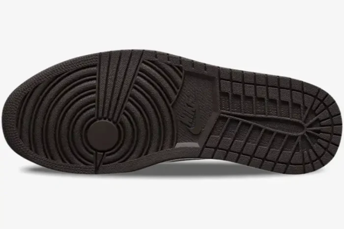 Bottom view of Air Jordan 1 Low x Travis Scott Dark Mocha featuring a brown rubber outsole with classic traction pattern. - SKU CQ4277-001