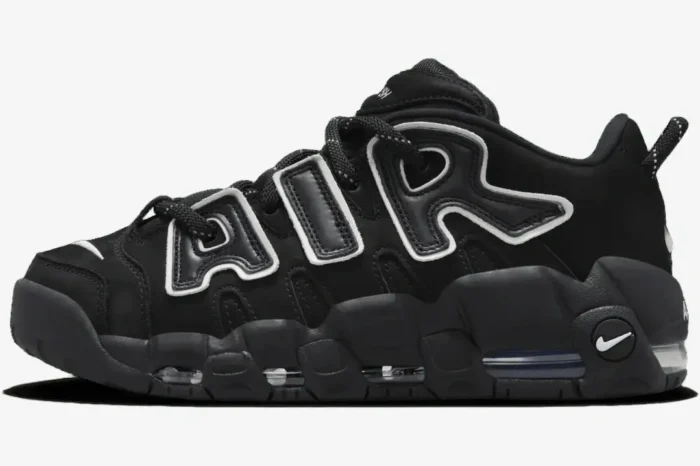 Side profile of Nike Air More Uptempo Low x AMBUSH in black and white with large AIR branding. - SKU FB1299-001