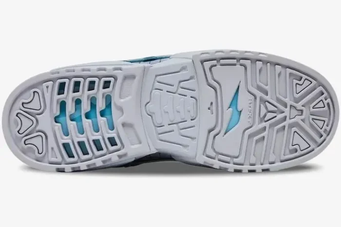Bottom sole of the Nike Dunk Genesis x RTFKT Void Limited Edition shoe, light grey with teal details. - SKU HF0438-001