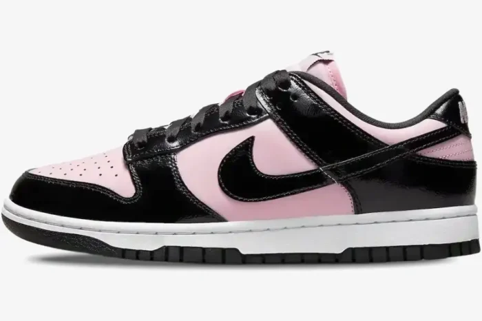 Nike Dunk Low Women's sneakers in Black Patent Pink, side view showing glossy black overlays and pink leather base. - SKU DJ9955-600