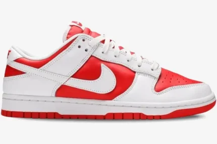 Side profile of Nike Dunk Low Championship Red sneakers in white and red leather. - SKU DD1391-600