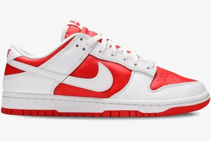 nike-dunk-low-championship-red-side-view-dd1391-600-img2472 Side profile of Nike Dunk Low Championship Red sneakers in white and red leather. - SKU DD1391-600