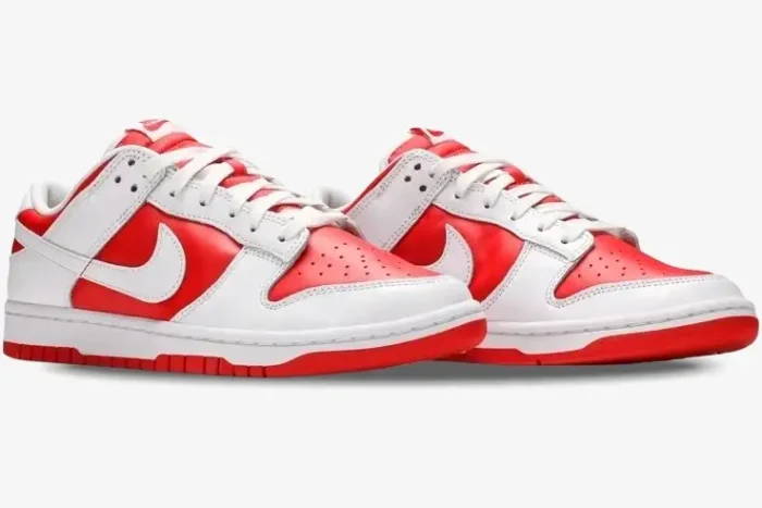 Nike Dunk Low Championship Red sneakers in white and red, three-quarter side view. - SKU DD1391-600
