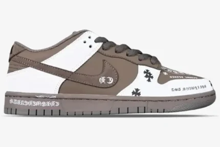 Nike Dunk Low x Chrome Hearts custom brown and white sneaker with gothic graphics, side profile view.