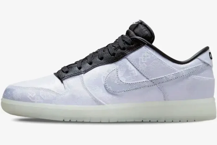 Nike Dunk Low x CLOT x Fragment Design White Silk sneaker, side profile view with patterned upper. - SKU FN0315-110