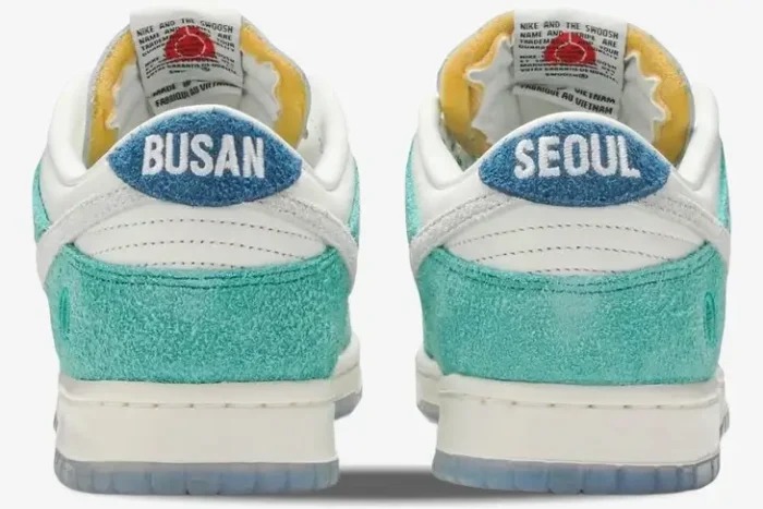 Rear view of Nike Dunk Low x Kasina Neptune Green sneakers with Busan and Seoul heel tabs. - SKU CZ6501-101